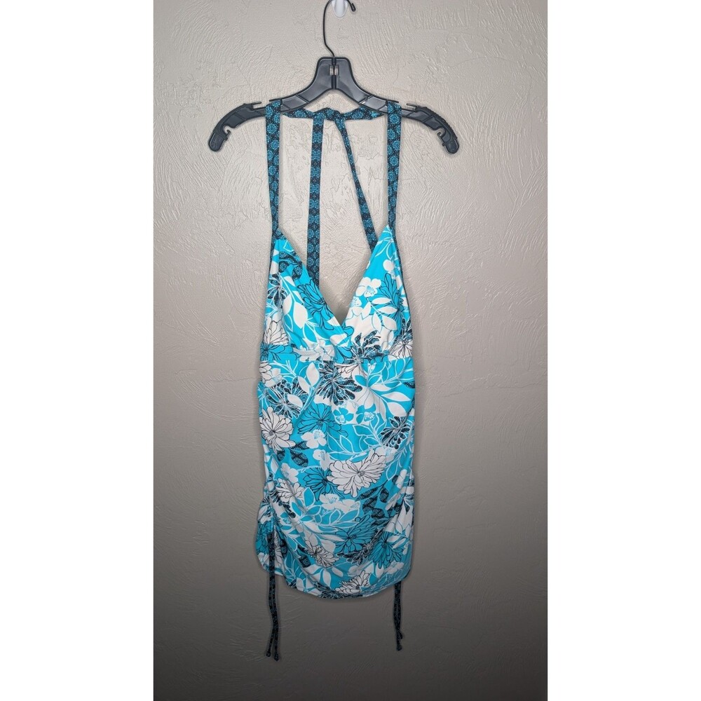 Athleta Womens 42D/40DD Blue White Floral Underwire Halter Ruched Swim Dress